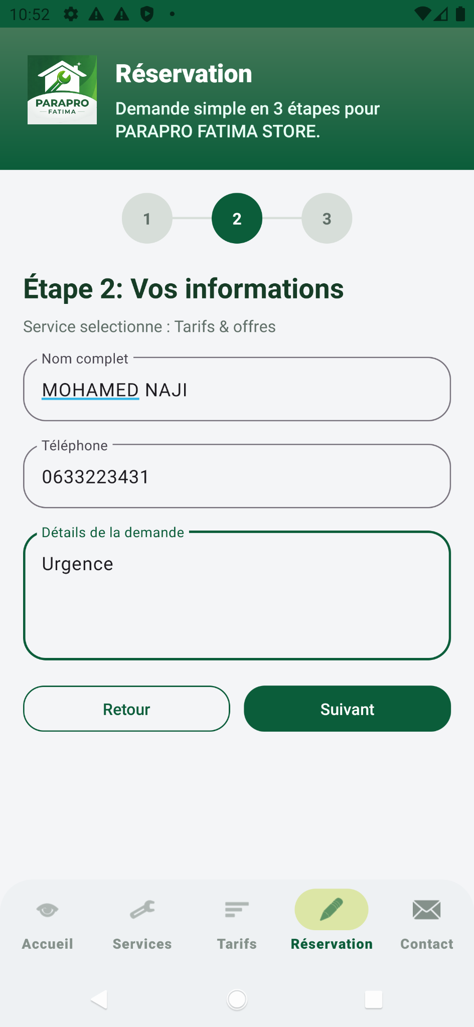 Réservation étape 1